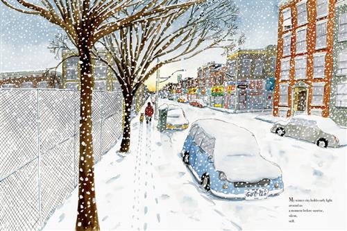  It is snowing. A city street lined with shops, buildings, and cars is covered in snow. A person walks their dog through the snow on the sidewalk.Text: My winter city holds early light around us a moment before sunrise, silent, still. 