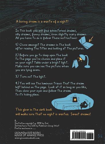  This is an image of the back cover. Small illustrations include a notebook with an “x” and an arrow pointing at it, that notebook beside a lamp, and the notebook on a dresser shining in the dark in a bedroom as a person sleeps in bed. Text: A boring dream is a waste of a night! In this book you will find adventurous dreams, silly dreams, funny dreams, even slightly scary dreams. 