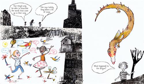  This image is a double page spread. To the left is a city scape in black and white. Two girls dance in a field. Speech bubbles show music notes. Behind are the silhouettes of children and an adult. A child says, “But they’d only be able to translate the words that came up in song.” The other says, “She says luckily they knew a lot of songs.” To the right, a boy in black and white holds a branch with a bird. He says, “What happened to the dragon?” A yellow dragon with red spikes flies toward him. 