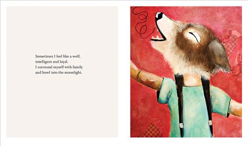 A person stands in front of a red wall with wallpaper peeling off of it. They are wearing a costume head of a brown wolf. The mouth is open and the head is tilted up to the ceiling. A swirled line comes out from the mouth and goes up into the air. Text: Sometimes I feel like a wolf, intelligent and loyal. I surround myself with family and howl into the moonlight. 