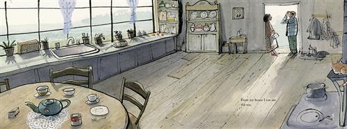  A kitchen has wood flooring and windows all along one side. Under the windows are counters with plants and a sink. Outside the window it is hazy, but a body of water is visible. A round table is in the corner with teapots and teacups on it. On the other side of the room is a stove with a pot on it, and a cat sits above the stove. At the end of the kitchen is an open door. A man and a woman with light skin tone stand in the doorway. Text: From my house I can see the sea. 