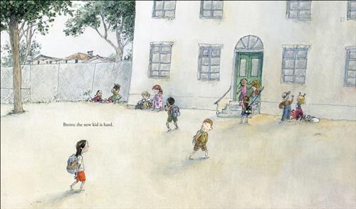  A school building opens onto a fenced in school yard. Children stand and sit in groups around the entrance of the building. A boy walks alone and looks back with a raised eyebrow at a child who is walking alone. Text: Being the new kid is hard. 