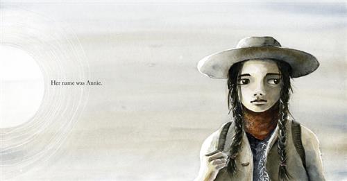  The sky is grey with the sun shining to the side. A girl with light skin tone stands alone. She is wearing a wide brimmed hat, a neckerchief, a jacket, and she carries a backpack. She has black hair that is in two braids. Her eyes look off to the side and her mouth is straight. One hand holds on to a strap of her backpack. Text: Her name was Annie. 