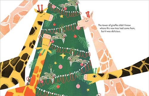  A Christmas tree is covered in ornaments and decorations. Five giraffes of different heights and shades of yellow stand around the tree eating its leaves. Text: The tower of giraffes didn’t know where this new tree had come from, but it was delicious. 