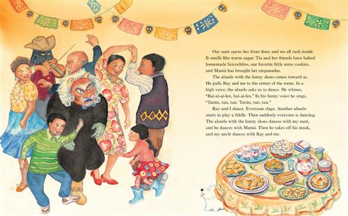  Adults and children dance together under colourful banners. A person with a black face covering plays a fiddle. One person has grey hair, a grey beard, and horns. A table is full of food. The text says everyone is at their aunt’s house. Everyone has brought homemade food. An abuelo wearing funny shoes asks the children to dance, and he has a funny voice. Another abuelo plays a fiddle. The abuelo dances with everyone, then takes off his masks. It is their uncle. 