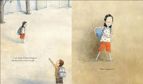  This image is a double page spread. To the left, a group of children stand around a swing set. One child sits on a swing while another stands on a swing. To the right, A classroom has a large blue rug in the middle. Children sit and talk to each other in a circle on the rug. Cubbies and shelves line the wall beside them. Text: “I was asked why I didn’t have any friends.” “Then this boy sad, ‘I’m their friend.’ And now he is.” 