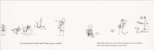  This image is in shades of black and white. This image is a double page spread. To the left, a boy draws on the floor. By him are a tower of blocks, a bowl of soap and water with toy cars around it, and a plant. A girl puts on a coat. Text: It was time for Ferdie and Viola to go to school. To the right, the boy is on the stairs. A girl puts on boots. A lizard is on a wooden perch by them. Text: But Ferdie had eleven cars to wash, the highest tower ever built to build and a snake drawing that wasn’t done. 