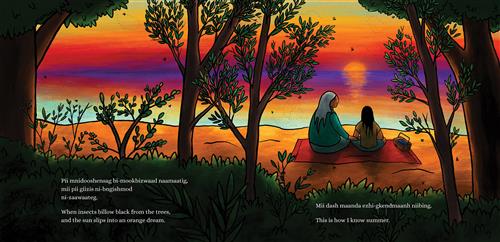  It is sunset. The sun is half gone behind a body of water. The water is shades of purple, red, orange, and blue. The sky shares the same colours. A woman with grey hair and a girl with black hair sit on a red blanket on the sand and face the sunset. Beside them is a basket filled with purple things. Trees and bushes are behind them. Bees fly around. Text: When insects billow black from the trees, and the sun slips into an orange dream. This is how I know summer. 