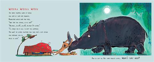  It is night. A rhinoceros is in the jungle. A toy bear swings from its front horn. A red blanket covers a wood carton. Text: Wuuaa wuuua wuuu. The forest animals wake up again and some of them are annoyed. Rhinoceros walks over and asks, “Why are you crying, Little One?” “Because… snuff… snuff, because I’m scared.” “I’ll bring you a doll to keep you company. You won’t be scared anymore and then you’ll stop crying and everyone can go back to sleep.” 