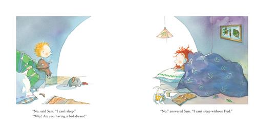  A bedroom has a bed on each side. In-between is a circle of white light. A boy with light skin tone and blonde hair is on the bed on the left. On the floor is a pillow, a sock, toys, and a rug. He faces the other bed where a girl with light skin tone and red hair is under the covers. On the floor around her bed is a stuffed animal, a book, and slippers. Text: “No, said Sam. “I can’t sleep.” “Why? Are you having a bad dream?” “No,” answered Sam. “I can’t sleep without Fred.” 