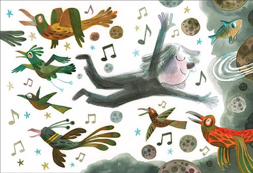  A boy with light skin tone floats in the air. Around him are many colourful birds, stars, and music notes. A fish floats in front of the boy. In front of the fish are planets of different sizes. 