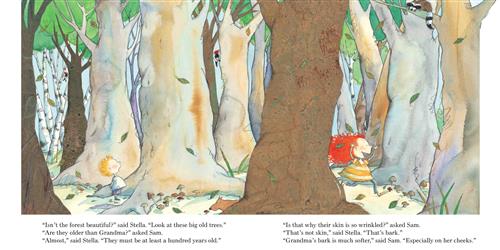  In a forest are tall, thick tree trunks. The tops of the trees are not visible. Some leaves fall down through the air. A boy and girl with light skin tone walk through the trees. The girl has red hair, and her hands are in the air while her mouth is open. The boy has blond hair, and he looks up at a tree with his mouth open. A brown dog smells a mushroom. 
