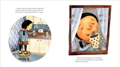  This image is a double page spread. To the left, a girl with medium skin tone stands on a stool at a counter. She holds a spoon by a mug. Text: Hannah raced home after school to try again. She heated the milk and added the cocoa, but this time she also put in a big, heaping tablespoon of sugar. To the right, she is in a window between curtains. She holds a steaming mug to her mouth. Text: “Mmm,” she said, taking a sip. It wasn’t bitter anymore, but still something was missing. Hannah looked out the window. 