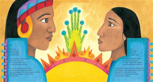  A man and a woman with medium dark skin tone face each other. The man wears a colorful headdress. Between them are colorful shapes. Text I have brown skin black eyes and long hair. Sometimes I feel like yelling from my toes to my head. Yes, I am a Pipil Nuhua Indian. I come from the land of the sun. I am descended from the Aztecs and like them I wear feathers of beautiful birds to protect me from the bad words and the looks that come my way from some people because I am an Indian. Text is also in Spanish. 