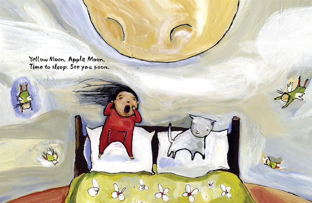  A bed is in the middle of a space. A girl with medium light skin tone stands on a pillow in a red onesie. Her mouth is open and her hands are raised to her mouth. A grey cat stands on the pillow beside her. In the air are four fairies in green sweaters flying around the bed. A large yellow moon is above the bed. Text: Yellow Moon, Apple Moon, time to sleep. See you soon. 