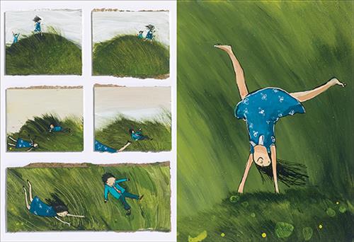  This image is a double page spread. To the left are five panels. They show a grassy hill and two children with light skin tone run and roll down the side of the hill. To the right is the hill. The girl does a handstand in the grass. 