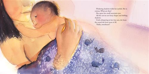  A woman with medium light skin tone holds a baby on her bare chest. The baby’s arm reaches out to the woman’s shoulder. They are covered by a blue blanket with dark blue whales on it. They both have black hair. The baby’s eyes are open. Text: flickering shadows tickle her eyelids. She is curious. What are they? She opens her small uncertain eyes. All she can see are fuzzy shapes and shifting shadows. Until, whispering in her tiny ears, she hears the sound she loves most of all. “Hello, sweetheart!” 