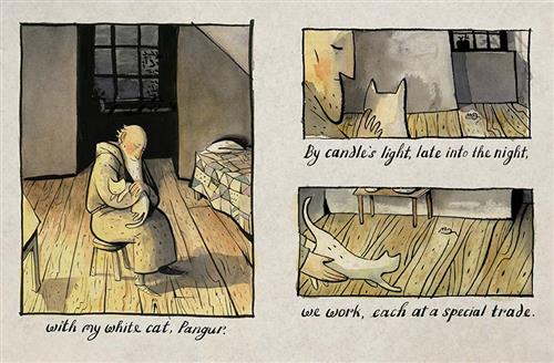  This image is a series of three scenes. In the first scene is a bedroom. A bed is in the corner and a stool is in the middle. A man with light skin tone sits on the stool holding a white cat that is lying down in his arms. In the second scene the cat is sitting up. A grey mouse is in the corner. In the third scene the cat jumps out of the man’s hands. A grey mouse is along the wall. Text: with my white cat, Pangur. By candle’s light, late into the night, we work, each at a special trade. 
