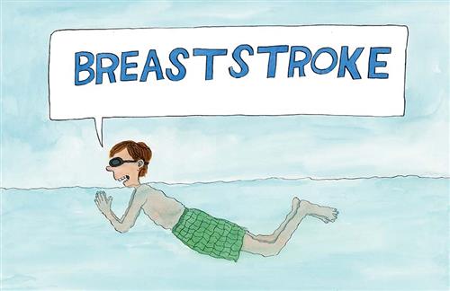  A man with light skin tone swims through clear water. He wears green swim trunks and black goggles. A speech bubble above his head reads: Breaststroke. 