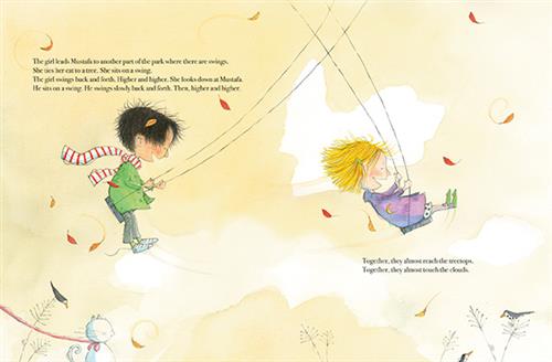  A boy with medium light skin tone and a girl with light skin tone swing side-by-side on a swing set. They are wearing coats, and red and yellow leaves swirl in the air around them. A white cat on a pink leash sits beside them. Text: The girl leads Mustafa to another part of the park where there are swings. She ties her cat to a tree. She sits on a swing. The girl swings back and forth. Higher and higher. She looks down at Mustafa. He sits on a swing. He swings slowly back and forth. Then, high and higher. 
