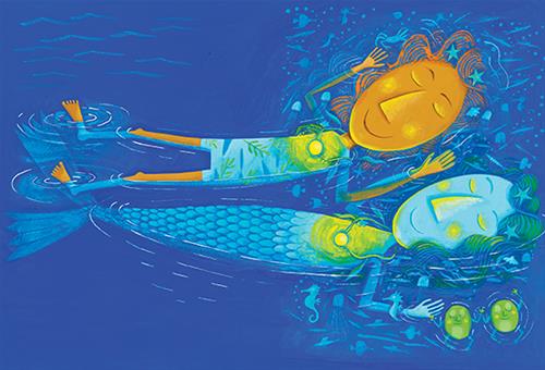  Two people float on their backs in blue water. One is a mermaid with blue skin and green hair. The other is a person with medium skin tone and orange hair. They both have their arms up and are holding hands between their heads. They are both wearing necklaces that have a glowing yellow ball at the end. Tiny sea creatures surround their heads. Two frogs are floating and holding hands beside the mermaid’s head. 
