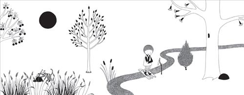  This image is in black and white. The colour scheme is inverted so that the sun is black and the sky and grass are white. A stream runs through the grass and between some trees. A boy walks on a short wooden slat across the stream. A striped cat plays with a snail in the background. 