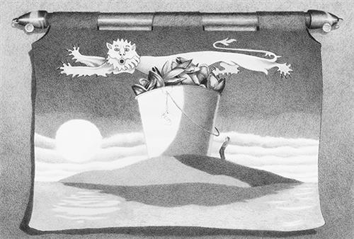  This image is in shades of black and white. A short metal bar with tapered ends sits on two nails in a wall. A piece of fabric is attached to the bar so that it hangs to show an image. The image is of a sandy island surrounded by water. On the island is a giant bucket filled with clams. A person stands beside the bucket and is less than half its height. Above the bucket is an animal with four legs, a furry head, and a long tail. It stretches out across the sky with its mouth open. The sun is low in the sky. 