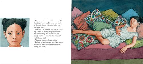 This image is a double page spread. On the left, is a portrait of a girl with medium skin tone. She has tears on her face. Her hair is in two side buns. On the right, the girl is asleep on a couch. The couch is covered in many colourful pillows. Text says the narrator thought they were best friends. She did all the things her friend likes even if she doesn't like it. Her friend does not return the favour and laughs at what she likes. Her friend doesn't know anything about her and she is so angry. 