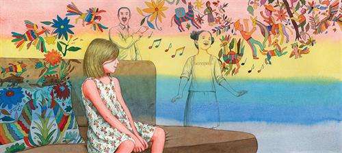  A girl with light skin tone and short blonde hair sits alone on a couch. The colourful floral detail from a pillow beside her floats into the air around her. The floating detail includes musical notes, birds, and people with animals. From this detail emerge large silhouettes of a man and a girl singing. The man has short dark hair and the girl has dark hair in two side buns. 
