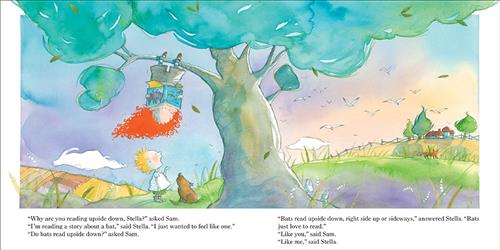  A large tree is in the middle of a field. A girl with light skin tone hangs upside down from a branch reading a book. Below, a boy with light skin tone with a brown dog has a hand in the air. Text: “Why are you reading upside down Stella?” asked Sam. “I’m reading a story about a bat,” said Stella. “I just wanted to feel like one.” “Do bats read upside down?” asked Sam. “Bats read upside down, right side up or sideways,” answered Stella. “Bats just love to read.” “Like you,” said Sam. “Like me,” said Stella. 