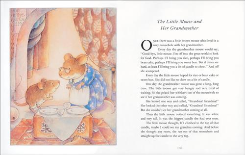  A tiny space has a candy wrapper spread like a rug under a small box as a table with settings and a tablecloth. Two brown mice, one small and the other large in a blue dress with glasses, stand by the table. The text is titled The Little Mouse and Her Grandmother. The text is about a mouse who lives with her grandmother. The grandmother always goes to get food, but one day she goes for a long time. The mouse gets hungry and leaves their hole to look for her. She climbs a candle to get a better look. 