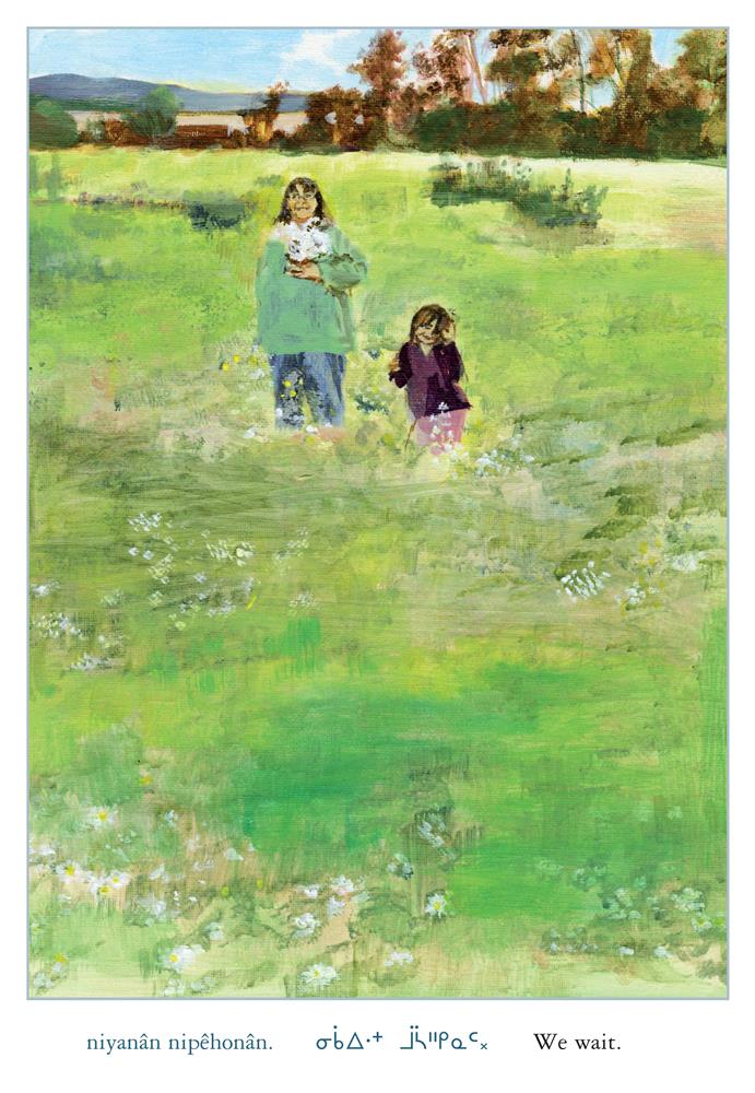  A field of green grass extends out into hills with trees and flowers. A woman and a girl with medium light skin tone stand in the grass beside each other. Text: We wait. 