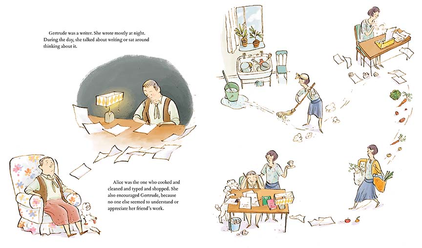  This image is a double page spread. To the left is a dining room. Two women with light skin tone sit at a table with pastries. To the right is a cobblestone street. A woman with light skin tone leaves while a woman with light skin tone is at the gate with a poodle. The text says Alice is surprised that there are no surprises. Her friend didn’t say happy birthday. They ate in silence. Alice told her she would walk through Paris today and her friend waved goodbye. She had something up her sleeve. 