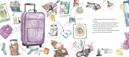  This image is a collection of items spread out against a white background. Items include a big suitcase, clothes and shoes, children’s toys, letters and postcards, books, and some drawings and artwork. The text says that her mother says she can only bring one suitcase. She never noticed how many things she had, and she cannot take them all. Her grandmother says she will keep the things she cannot take with her until she gets back. 