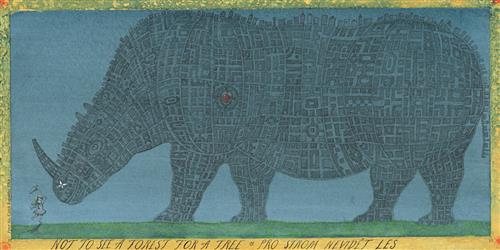  It is night. The shape of a giant rhinoceros is dark blue against the deep blue sky. The body consists of mazes and in the middle of a maze at the chest is a red apple. Along the top of the rhinoceros is a cityscape. The rhino’s tusk is a skyscraper, and buildings continue up its head, along its back, and down its tail. The ground is grassy and a girl with light skin tone is by the rhino’s head with a butterfly net as a white butterfly goes by. Text: Not to see a forest for a tree. Text continues in Latin. 