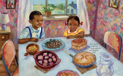  There is a dining room with pink floral wallpaper. In front of a window is the head of a dining table. A boy and a girl with dark skin tone stand at the head of the table. Food is set out on the table including a pie, bread, a stew, and seafood. The children are both wearing formal clothes and smiling. Text: where home smells like sweet apple pie and blueberry duff. 