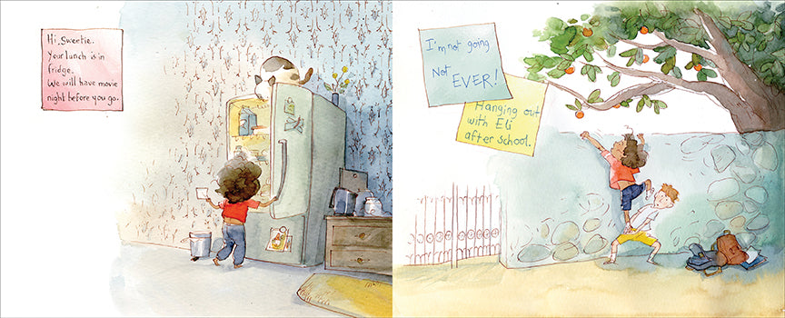  This image is a double page spread. To the left, a child with medium skin tone and a man with light skin tone and grey hair sit on a carpet with photos. A photo shows a girl crying with a toy walrus. The text on sticky notes says Mimsy shows her a picture of her mom at age 9 holding a suitcase and a walrus. To the right is a sticky note and biscuits. Two girls with light skin tone are in sleeping bags. Next, they chase a butterfly. Next, they watch a frog. Next, they have suitcases and one has a toy walrus. 