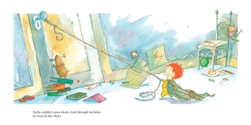  A room has toys, drawings, and books all over the floor. A toddler with light skin tone and red hair pulls a rope that is attached to a doorknob. She wears a cape. A brown dog stands on a stack of books by the door and reaches up to the knob with a key in its mouth. Text: Stella couldn’t open doors, look through keyholes or even tie her shoes. 