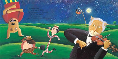  It is nighttime. The moon and stars shine over a green field of rolling hills. An orange cat in a tuxedo plays the fiddle. A man shaped like a spoon runs with a man shaped like a plate. They both wear hats. A dog hangs upside down and laughs. A cow is doing a high jump with a pole in the background by the moon. Text: Hey diddle diddle the cat and the fiddle, the cow jumped over the moon; the little dog laughed to see such sport and the dish ran away with the spoon. 