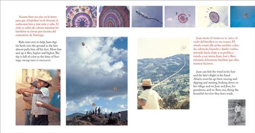  This image is a series of photographs. In the first, three boys hold a kite’s line and look up. In the second, a group of people stand together flying and watching kites. The next six images are of kites in the air. One is long with a tail, the others are circular with coloured rings. The next photograph is of a boy flying a kite from behind. The last is a black and white photograph of a boy walking. 