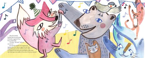  A party banner goes across a ceiling. Music notes float around. Different animals dance. A fox plays a harmonica. Text: After the animals finished their tea and treats, Chickadee suggested they have a sing-along. “I’ll start,” she said, “and you can join in.” Soon all the animals were singing and tapping their feet. Beaver tapped his tail. Bear clapped his paws in time with the music. Then fox pulled out his harmonica and began to play. Bear did a little jig in the middle of the room. Everyone cheered! 