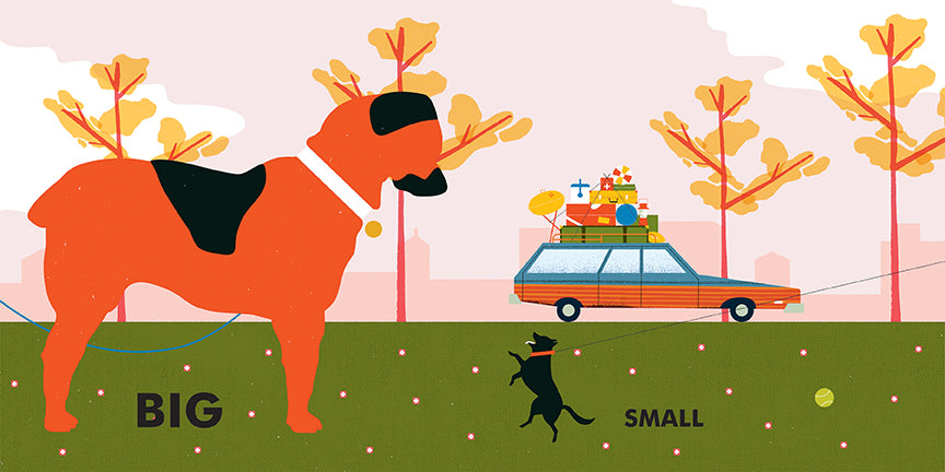  A station wagon with suitcases and vacation supplies on the roof drives past a park. In the park is a large red dog and a small black dog. Under the red dog is the word “big” and under the black dog is the word “small.” 