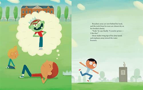  This image is a double page spread. To the left is a school yard. Two boys with light skin tone are in the grass. One with red hair lies on his back with his hands behind his head. A light blue crown is in the grass. His eyes are closed. His thought bubble shows a boy with green skin, red hair, and two teeth wearing a light blue crown. To the right is a grass and a water fountain. A boy with medium skin tone and black hair runs with his arms out and his eyes closed. 