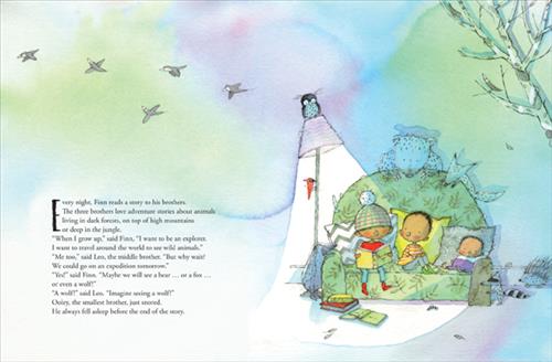  A room has blue, green, and purple walls. In the middle is a green couch and a lamp. Three boys with dark skin tone sit on the couch. One reads a book. Books lay on the floor. The room has wild animals in it. An owl is on the lampshade and a cardinal holds onto the lamp post, birds fly above, a racoon peaks around the couch, a bear and a fox look over the back of the couch, a porcupine walks toward the couch, and a mole looks over a couch arm. A bare tree is to the side. 