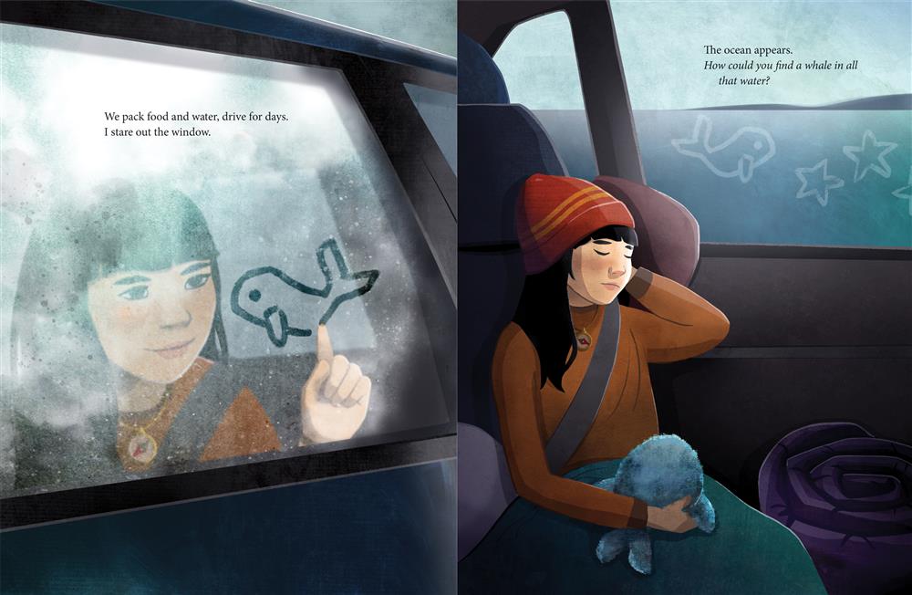  The image is divided into two. Image 1: A girl with medium-light skin tone and long black hair sits in the back seat of a car. The girl uses her finger to draw a picture of a whale in condensation on the car window. Text: We pack food and water, drive for days. I stare out the window. Image 2: The girl sleeps against the car door. She holds a whale stuffie. Outside the window, ocean and mountains are seen in the distance. Text: The ocean appears. How could you find a whale in all that water? 