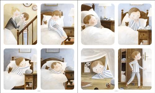  This image is a double page spread. To the left are four panels. First, a woman and a boy are on stairs. She holds his head. Second, he is on a bed holding a big grey egg. Third, he lies in bed. The egg is on the nightstand. Fourth, he sleeps. To the right are four panels. First, he is in bed. The egg is in half on his nightstand. Second, he looks at the egg with his hands on his mouth. Third, he looks under his bed. Eyes watch him from his closet. Fourth, he leaves his bedroom. Eyes watch him. 