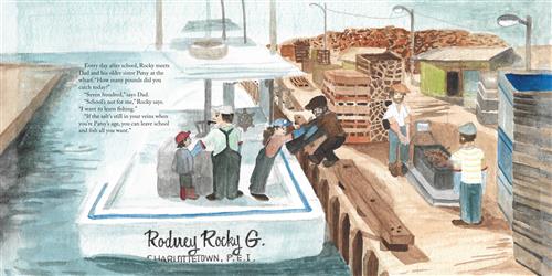  A fishing boat is docked beside a wharf. On the boat are a boy, a man, and a young woman. The woman hands a full container to a man on the wharf. Two men on the wharf weigh a container on a scale. The wharf is lined with wooden pallets, small shacks, and streetlights. Text says after school Rocky helps his dad and sister at the wharf. They've caught 700 pounds today. Rocky wants to quit school and learn fishing. His dad says he can when he is his sister's age. 