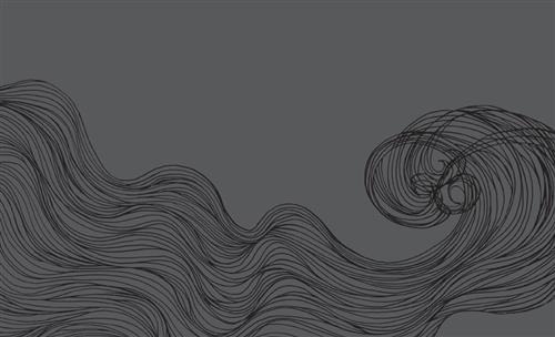  This image is in shades of black and grey. Multiple thin, black lines swirl across the page in a uniform wave shape. The end of the swirl curls in on itself. 