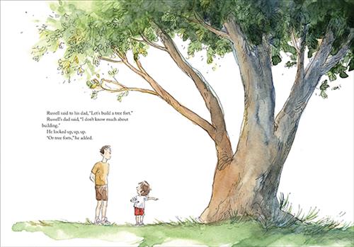  A tree with a large trunk stands in the grass. The trunk branches off into three sections. A man and a boy with light skin tone stand beside the tree. The boy points at the tree and the man has his hands behind his back. Text: Russell said to his dad, “Let’s build a tree fort.” Russell’s dad said, “I don’t know much about building.” He looked up, up, up. “Or tree forts,” he added. 