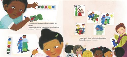  This image is a double page spread. To the left, a boy with dark skin tone and a girl with medium dark skin tone use watercolours to paint. The text says the teacher asks them to make family pictures. The narrator who is not shown here paints her family and pregnant mother. To the right, children stand beside a teacher with light skin tone. On the wall are paintings that the children have made of their families. Text reads: Malayka M.’s picture of her family look perfect. She is the best painter I ever see. 